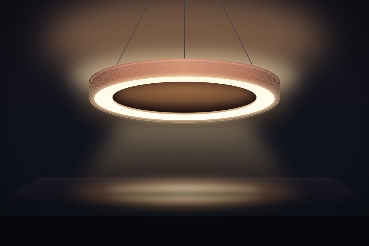 Ring-Pendelleuchte ORBIT mit terrakottafarbenem Akustikfilz, die Licht nach unten und nach oben abgibt