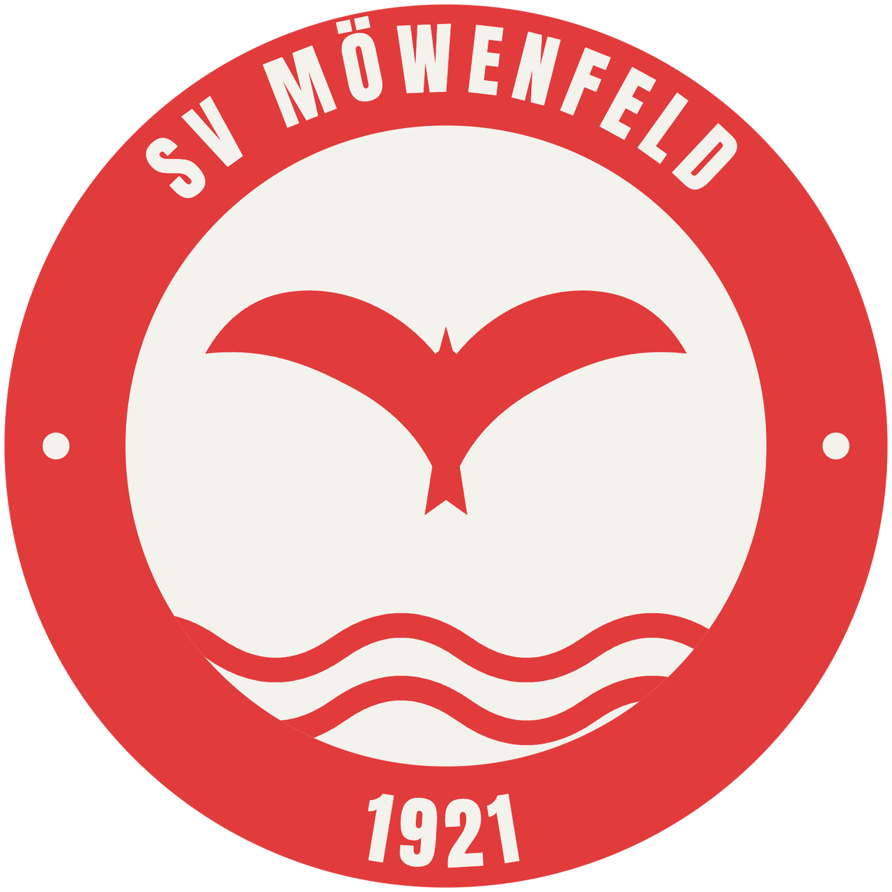 Wappen des SV Möwenfeld 1921: rote Möwe über Wellen im Kreis, Rot-Weiß