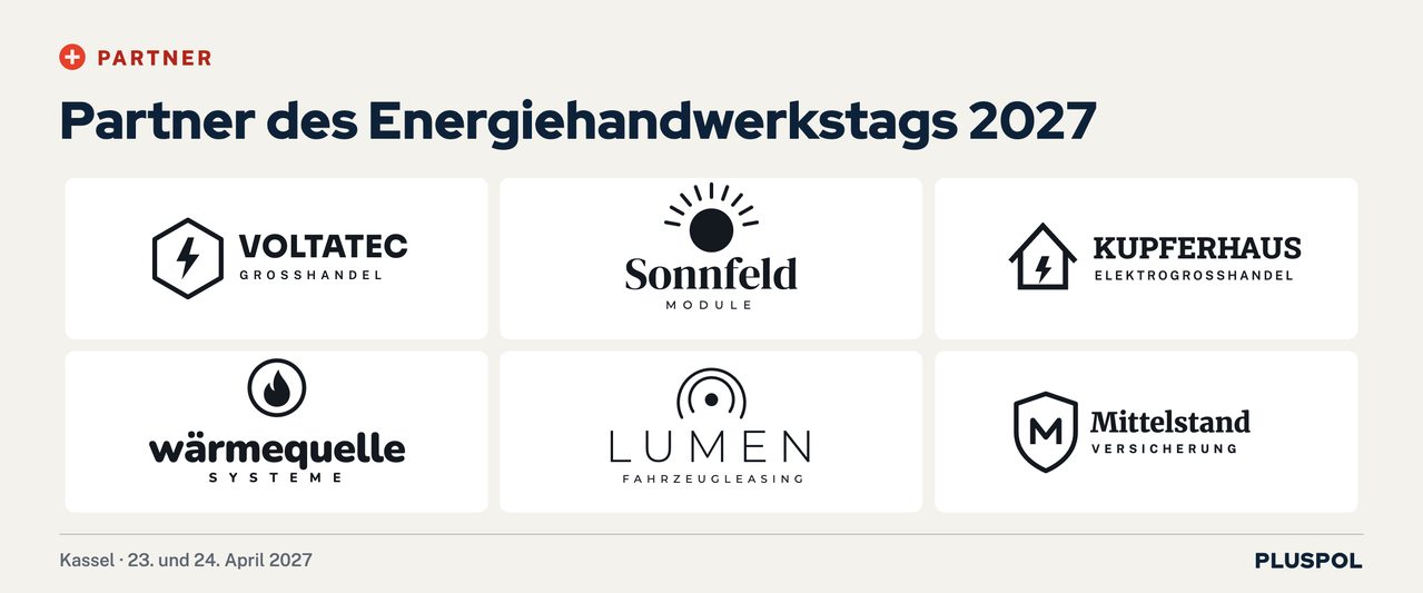 Partner des Energiehandwerkstags 2027 in Kassel: Logos von VoltaTec Großhandel, Sonnfeld Module, Kupferhaus Elektrogroßhandel, Wärmequelle Systeme, Lumen Fahrzeugleasing und Mittelstand Versicherung.