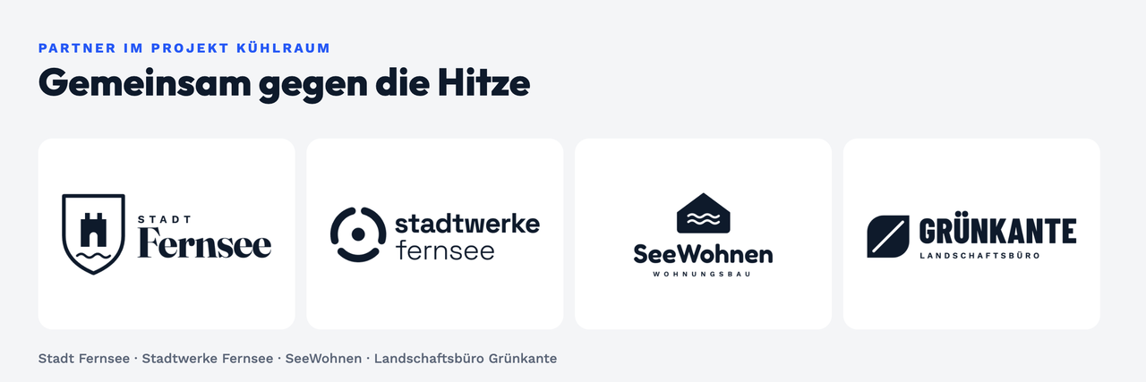 Partner im Projekt KühlRaum: Logos von Stadt Fernsee, Stadtwerke Fernsee, SeeWohnen Wohnungsbau und Landschaftsbüro Grünkante