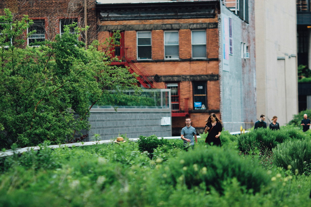 Gemeinschaftsgarten vor einer Backsteinfassade, Menschen arbeiten in den Beeten