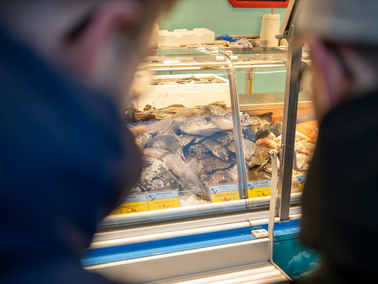 Blick über die Schultern zweier Menschen auf eine Fischtheke