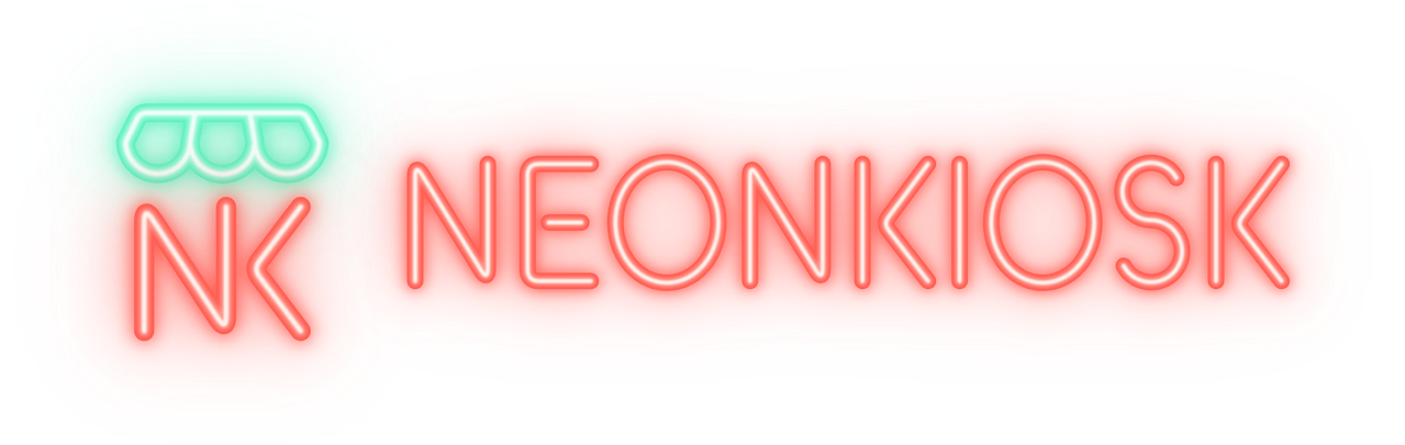Logo der Agentur Neonkiosk als Leuchtschrift: links das Signet mit mintgrünem Vordach und NK, daneben der Schriftzug NEONKIOSK in leuchtenden Röhren in Koralle.
