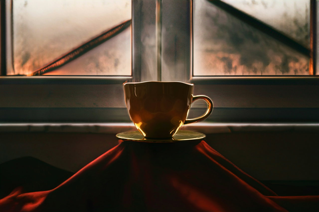 Dampfende Tasse Tee im Fenster, warmes Gegenlicht und rotes Tuch in der Dämmerung