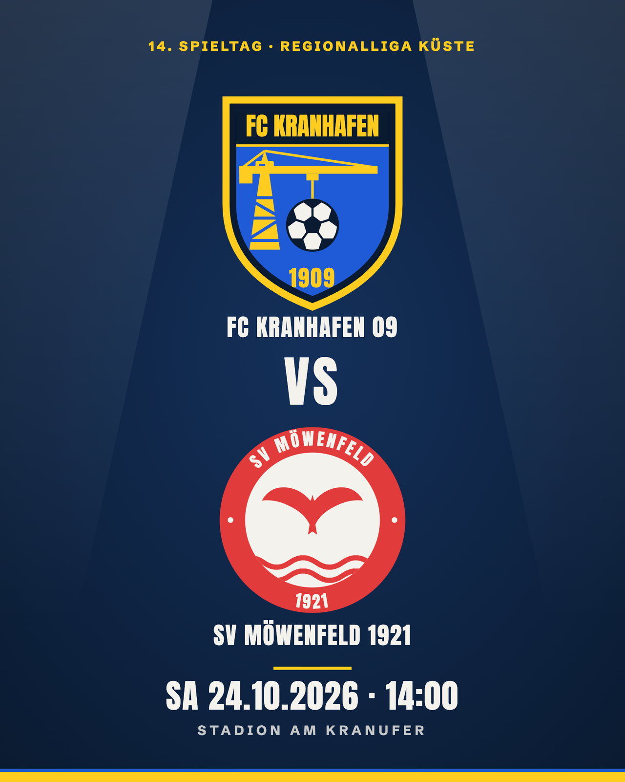 Matchday-Poster im Hochformat: FC Kranhafen 09 gegen SV Möwenfeld 1921, 14. Spieltag, Samstag 24.10.2026 um 14:00 Uhr, Stadion am Kranufer