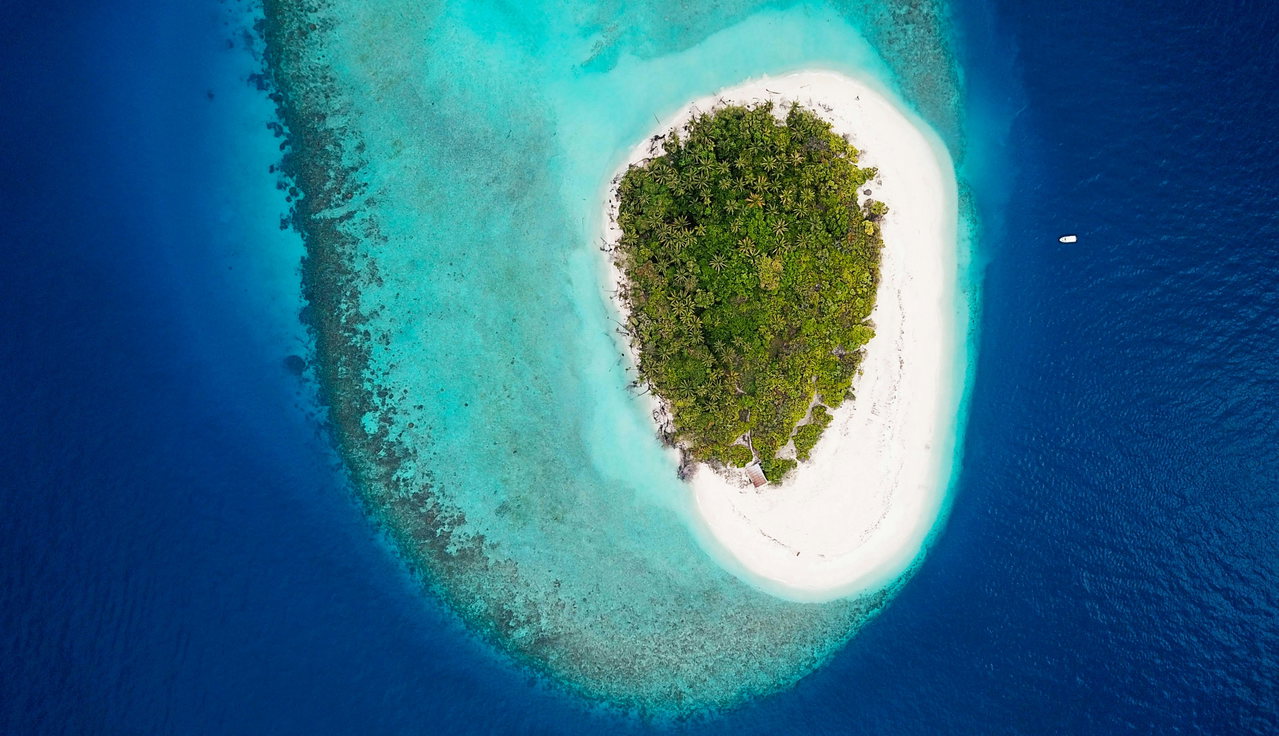 Kleine Insel mit Palmen und weißem Sandring im türkisblauen Ozean, von oben