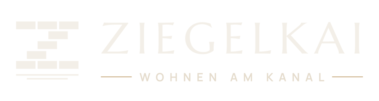 Ziegelkai – Wohnen am Kanal: Wort-Bild-Marke in Hell mit Ziegel-Z-Signet und Wasserlinien