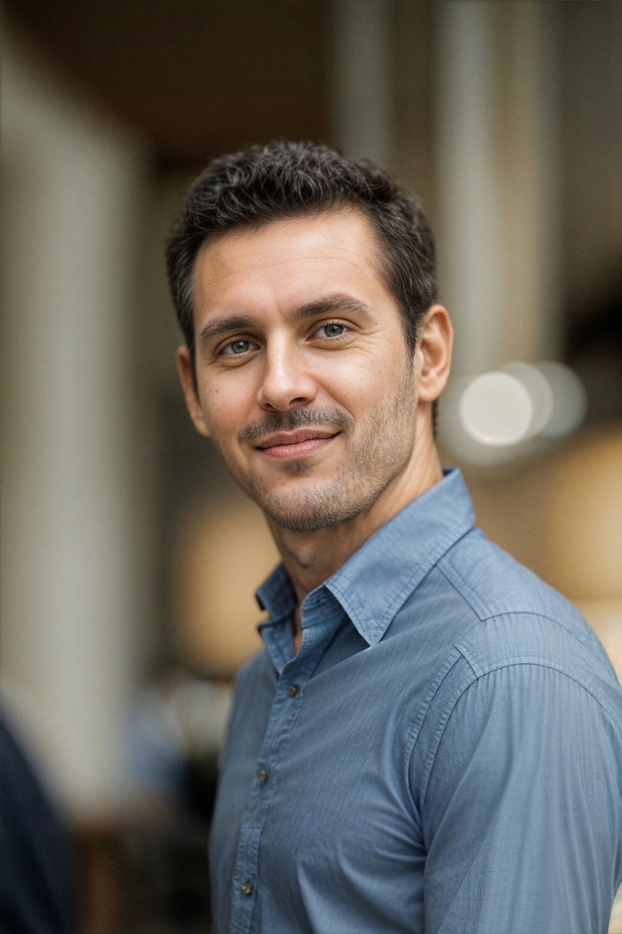 Porträt von Jonas Brehm, Leiter Data Science, im blauen Hemd mit freundlichem Blick in die Kamera