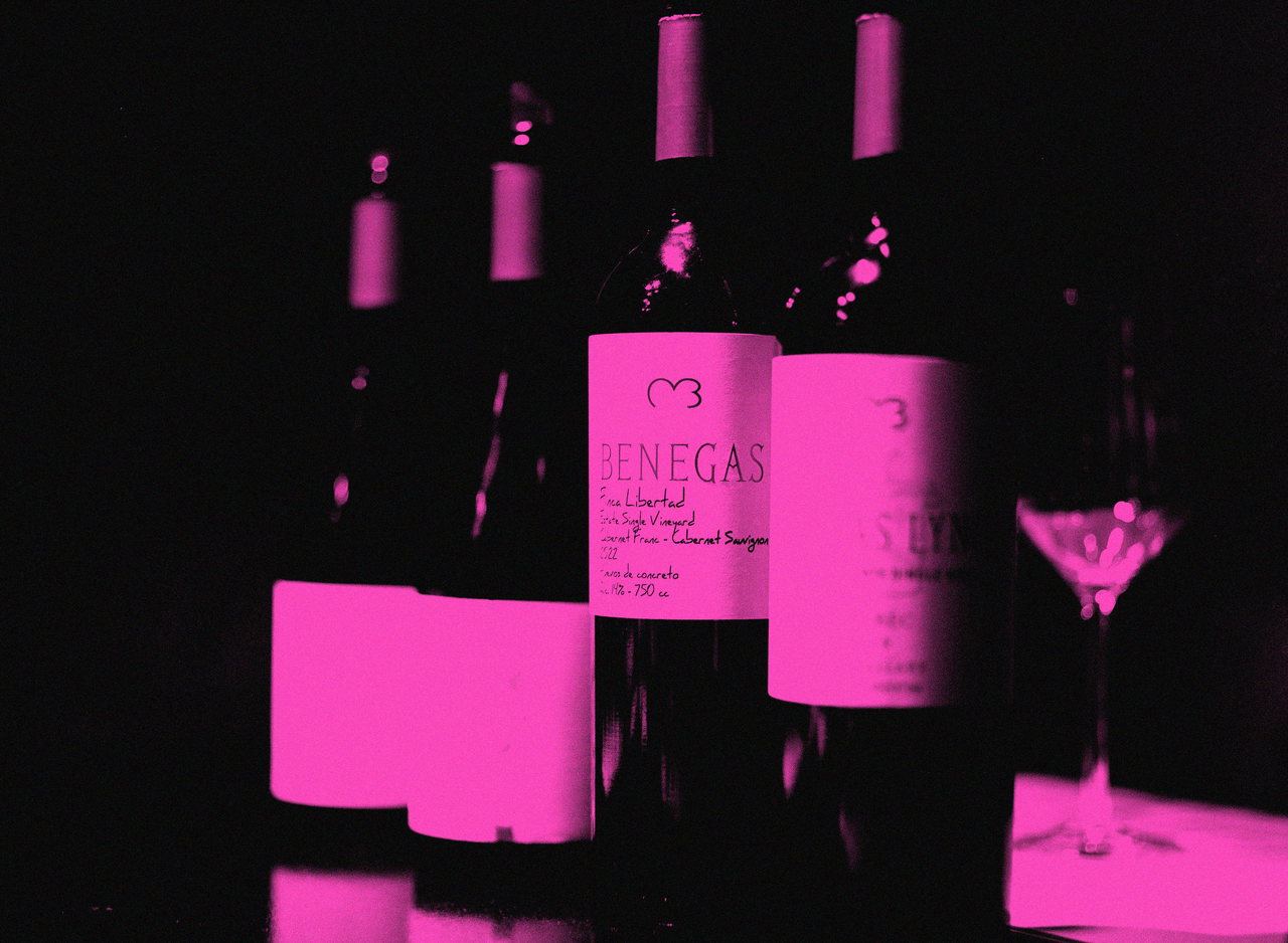 Symbolfoto: Vier Weinflaschen und ein Glas auf einem Holztresen, Schwarzweiß mit Magenta-Duplex