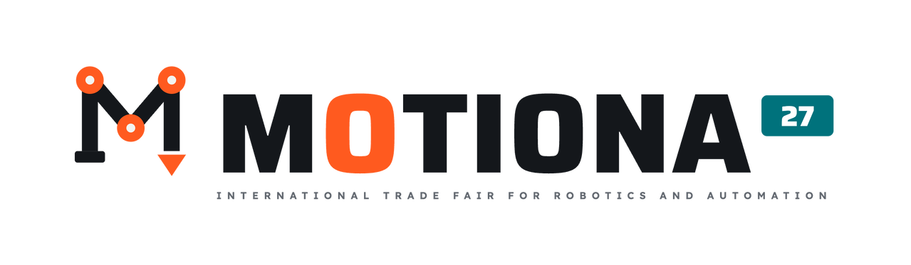 MOTIONA 27 logo: wordmark MOTIONA in bold capitals with an orange O and the tag 27, to the left a robot-arm symbol made of three joints forming an M, tagline International Trade Fair for Robotics and Automation (dark version for light backgrounds)