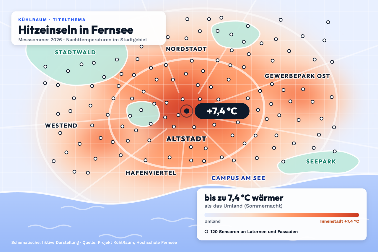 Stilisierte, fiktive Hitzekarte von Fernsee als Wärmebild: Innenstadt und Altstadt am heißesten mit bis zu 7,4 °C wärmer als das Umland in Sommernächten, Gewerbepark Ost und Westend ebenfalls warm, kühler sind Stadtwald, Seepark, Stadtgarten und das Seeufer mit Campus am See. Etwa 120 Sensorpunkte an Laternen und Fassaden sind eingezeichnet, 38 Messfahrten mit dem Lastenrad, Messsommer 2026. Quelle: Projekt KühlRaum, Hochschule Fernsee