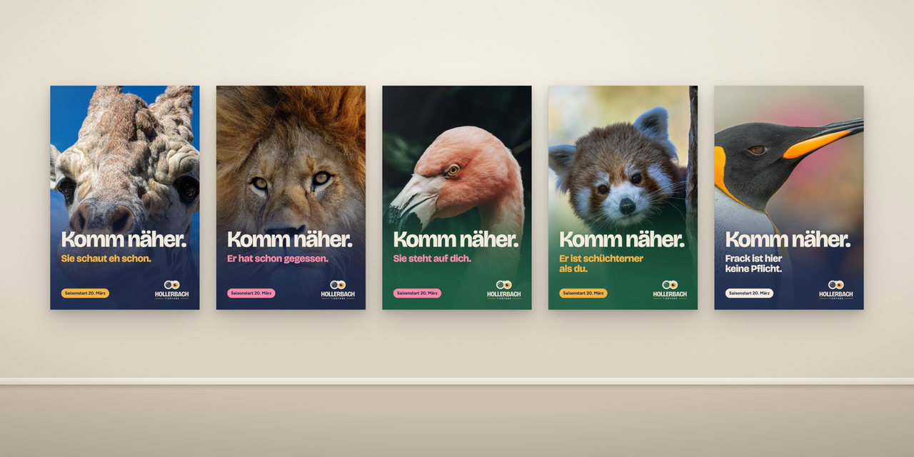 Mockup: Die fünf Plakate der Kampagne „Komm näher.“ hängen nebeneinander an einer ruhigen, warm beleuchteten Wand – Giraffe, Löwe, Flamingo, Roter Panda und Königspinguin, jeweils mit großer Headline und Saisonstart 20. März.
