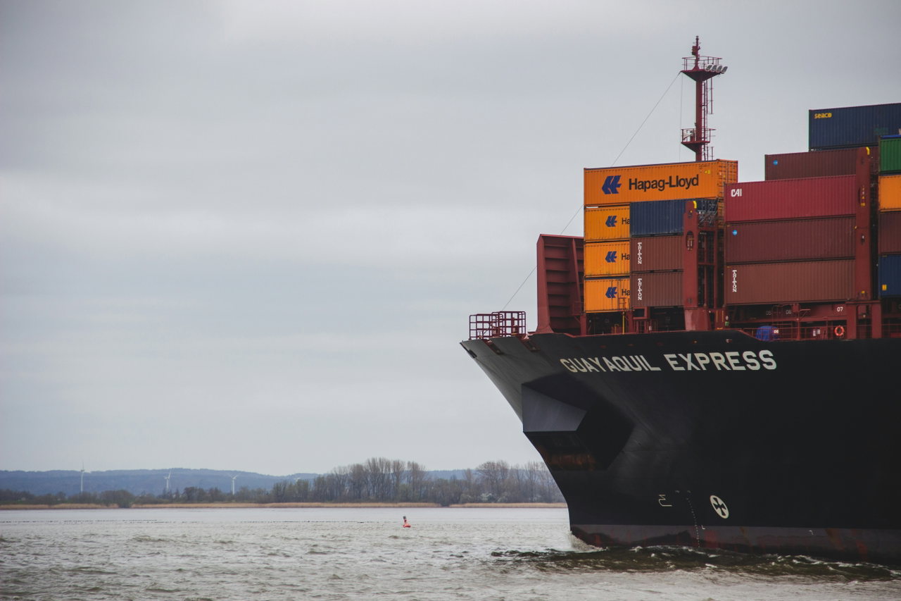 Großes Containerschiff fährt auf der Elbe an der Uferböschung vorbei