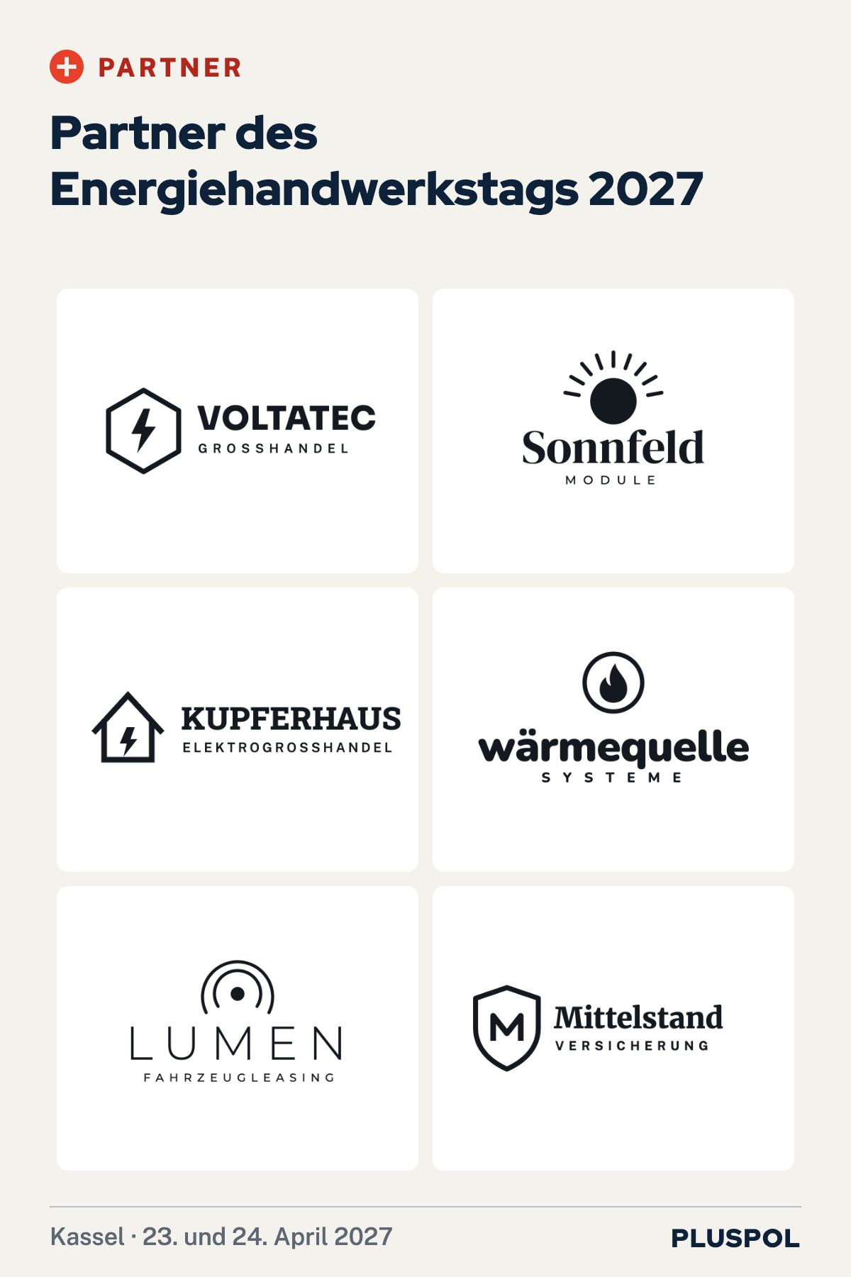 Partner des Energiehandwerkstags 2027 in Kassel: Logos von VoltaTec Großhandel, Sonnfeld Module, Kupferhaus Elektrogroßhandel, Wärmequelle Systeme, Lumen Fahrzeugleasing und Mittelstand Versicherung.