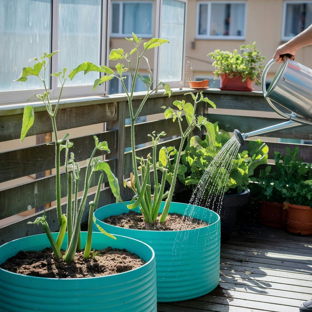 Türkisfarbene Pflanzkübel mit Gemüsepflanzen auf einem Balkon