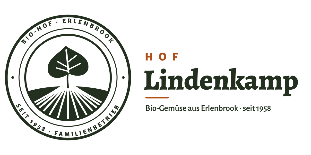 Signet Hof Lindenkamp: rundes Wappen mit Lindenblatt über Ackerfurchen, Schriftring Bio-Hof Erlenbrook, seit 1958, Familienbetrieb; daneben Hof Lindenkamp, Bio-Gemüse aus Erlenbrook, seit 1958