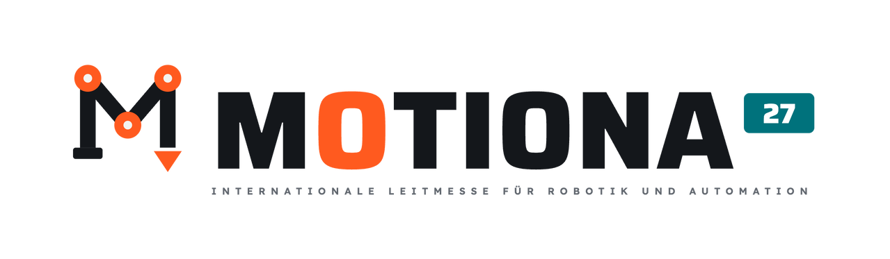 Logo MOTIONA 27: Wortmarke MOTIONA in kräftigen Versalien mit orangem O und Zusatz 27, links das Bildzeichen eines Roboterarms aus drei Gelenkpunkten in Form eines M, Unterzeile Internationale Leitmesse für Robotik und Automation (dunkle Fassung für helle Flächen)