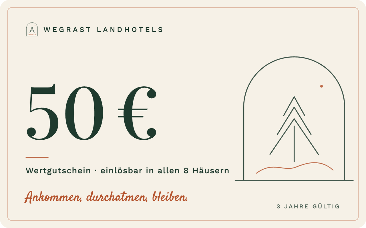 Wertgutschein über 50 Euro der Wegrast Landhotels, einlösbar in allen 8 Häusern, in Leinen und Tannengrün mit Rundbogen-Motiv