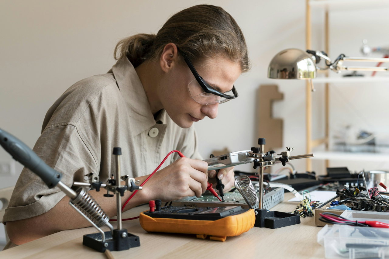 Junge Elektronikerin mit Schutzbrille misst konzentriert mit einem Multimeter an einer Platine am Lötarbeitsplatz