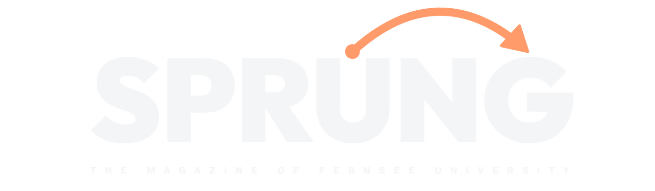 SPRUNG logo in light lettering with an orange leaping arc from the U to the G, below: The magazine of Fernsee University