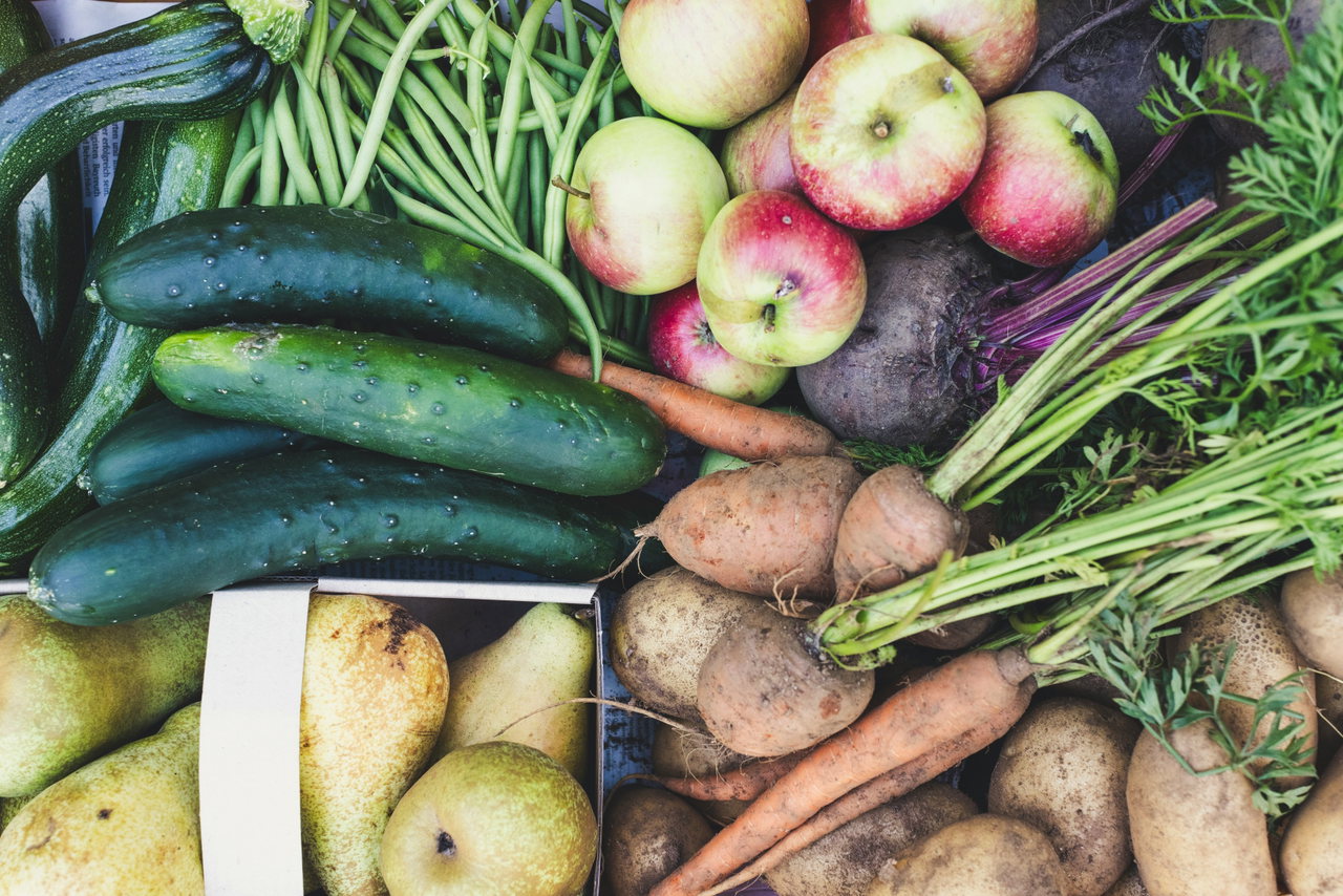 Gurken, Äpfel, Kartoffeln und Möhren liegen dicht nebeneinander