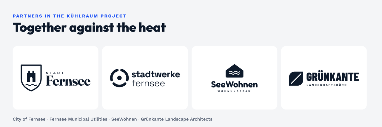 Partners in the KühlRaum project, Together against the heat: logos of the City of Fernsee, Fernsee Municipal Utilities (Stadtwerke Fernsee), SeeWohnen Wohnungsbau and Grünkante Landscape Architects