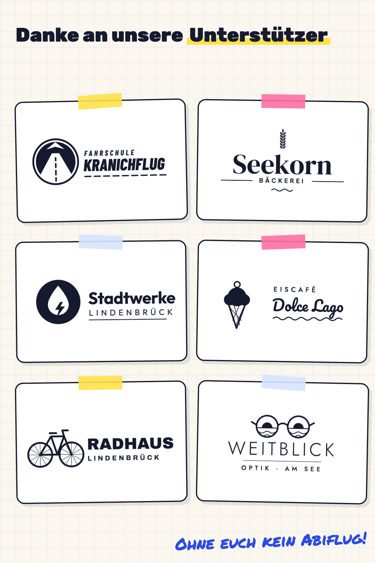 Danke an unsere Unterstützer: sechs Logos in zwei Spalten – Fahrschule Kranichflug, Bäckerei Seekorn, Stadtwerke Lindenbrück, Eiscafé Dolce Lago, Radhaus Lindenbrück und Optik Weitblick am See.