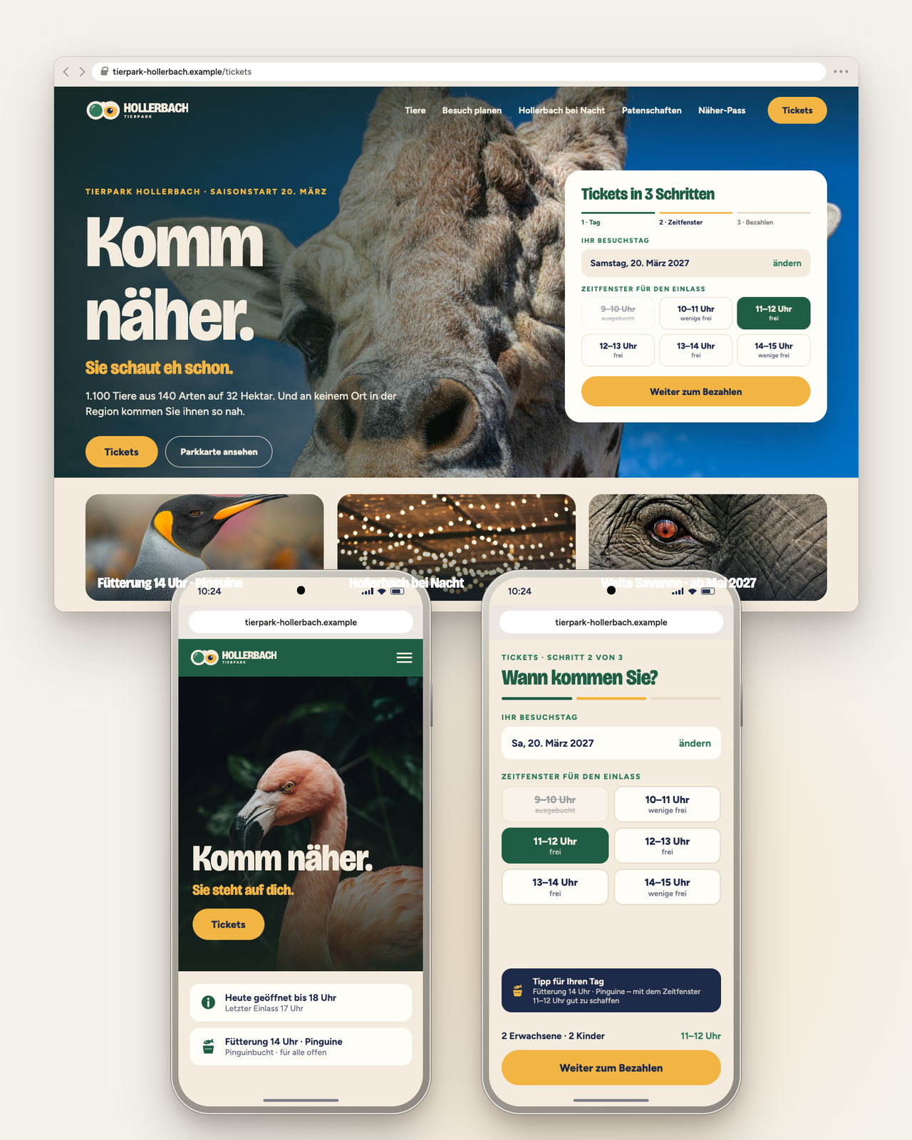 Hochformat: oben der Desktop-Browser mit der neuen Tierpark-Website (Giraffe, „Komm näher.“, Ticket-Box mit Zeitfenstern), darunter zwei Smartphones mit der mobilen Startseite und Schritt 2 von 3 des Ticketkaufs: Zeitfenster für den Einlass wählen.