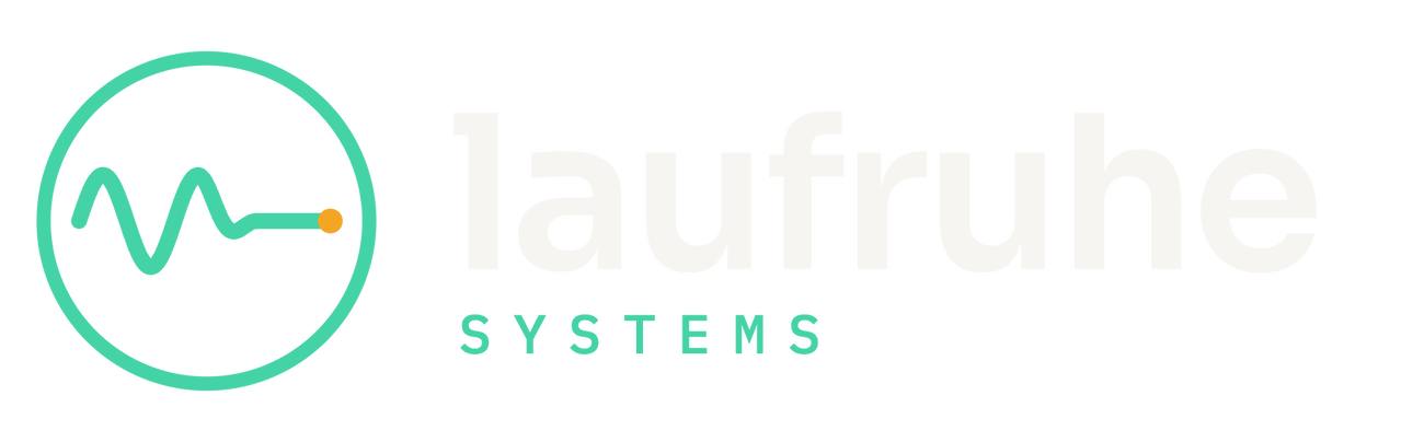 Logo Laufruhe Systems mit Wellen-Signet und Wortmarke laufruhe, helle Fassung für dunkle Flächen