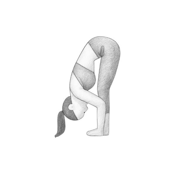 Hier zeigt uns eine Frau die Yoga-Pose "Stehende Vorbeuge".