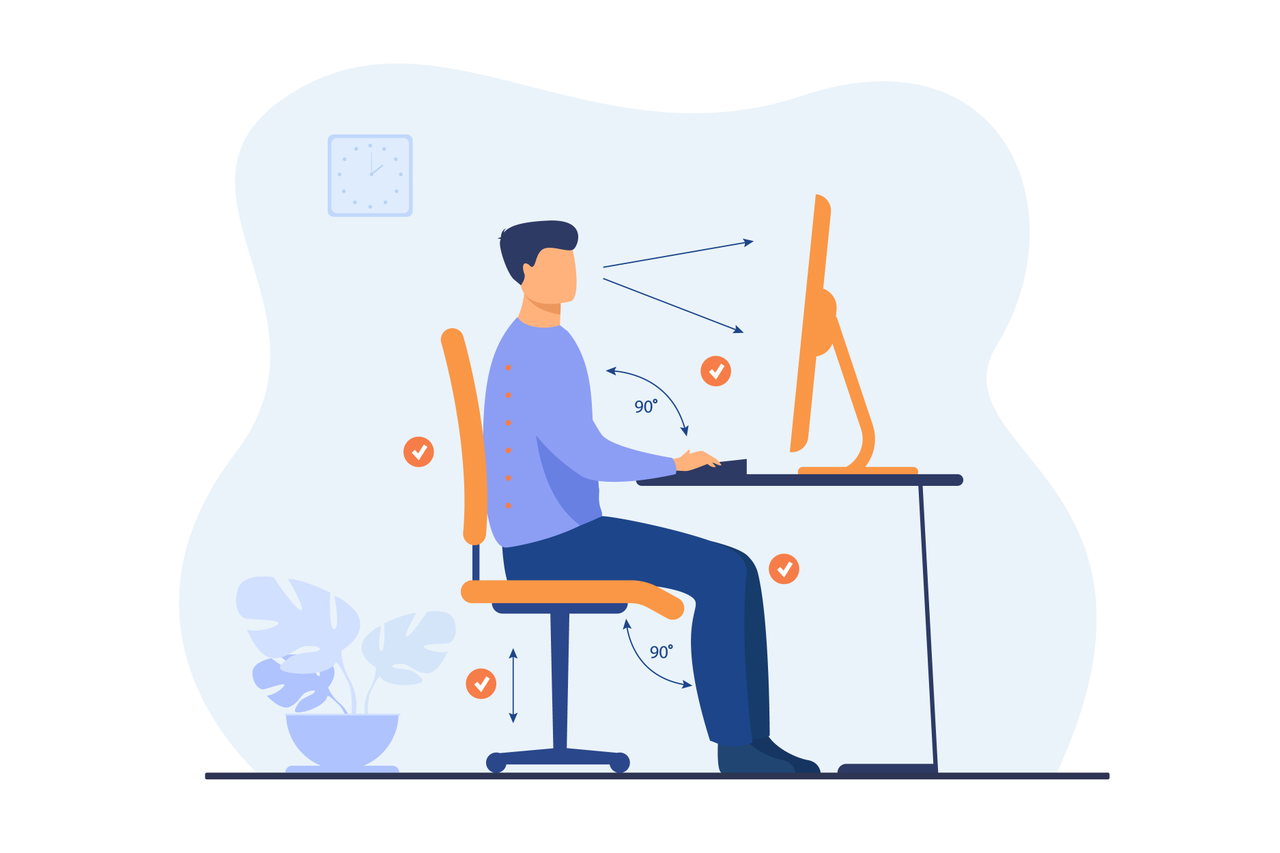 Diese Abbildung zeigt eine an einem Schreibtisch sitzende Person. Die Sitzhaltung ist ergonomisch. Es sind alles Parameter (Tischhöhe, Bildschirmneigung, Schreibtischstuhleinstellung) dazu sichtbar ein- und dargestellt.