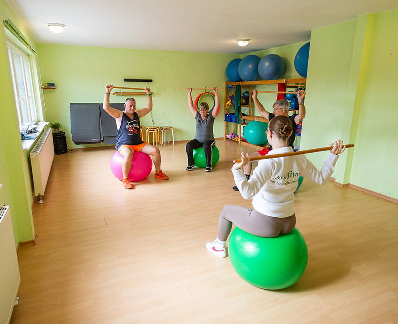 Auf diesem Bild wird eine gemischte Gruppe während einer Physioübung für den Rücken gezeigt. Sie sitzen alle auf großen Sitzbällen und halten einen Rundstab in beiden Hände. Die Arme sind nach oben ausgestreckt.