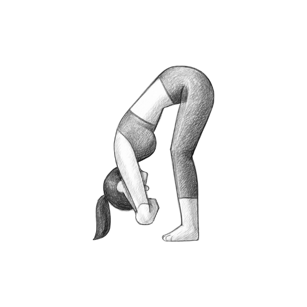 Eine Frau praktiziert die Yoga-Pose Ragdoll-Positon. Eine stehende Yoga-Übung.