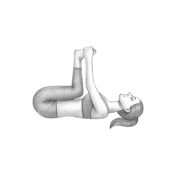 Diese Darstellung zeigt eine Frau in der Yoga-Pose "Happy Baby".